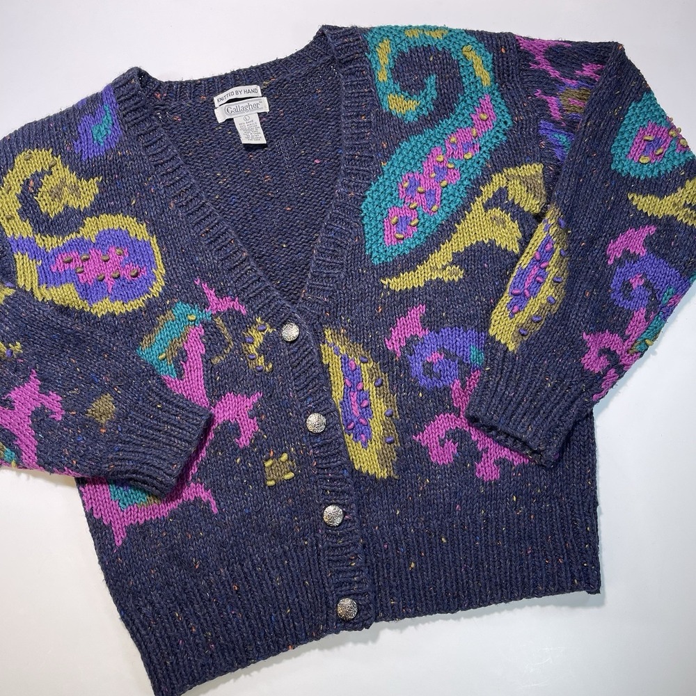 Gallagher Vintage Hand Knit Sweater Cardigan Navy Pink Turquoise Women's Large - Picture 3 of 14